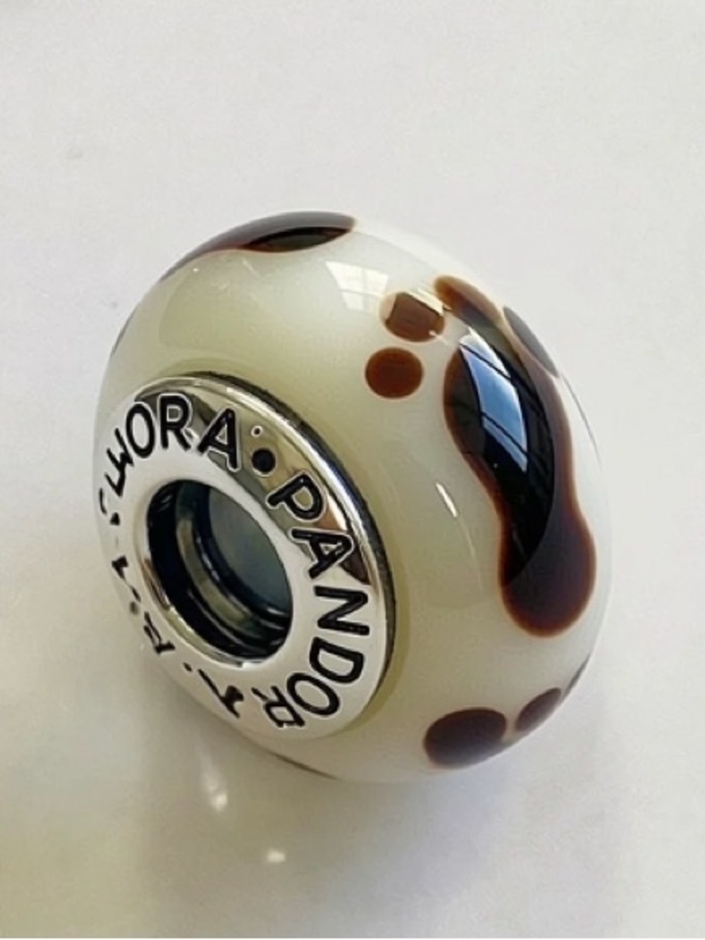 Cream Base Brown Tortoise Shell Murano Glass Bead For Pandora Bracelet